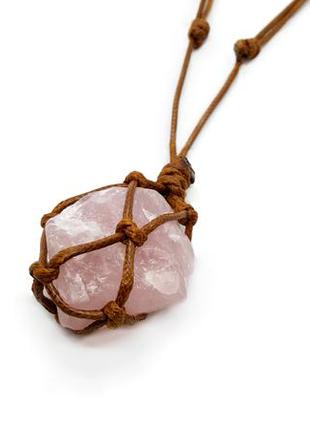 💎✨ плетений кулон-сіточка в стилі макраме на шнурку з натуральним каменем рожевий кварц1 фото