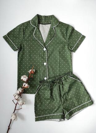 Зеленая пижама рубашка и шорты в мелкий горох2 фото
