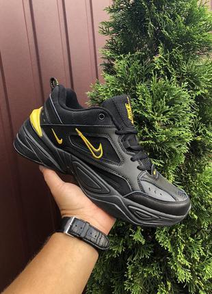 Мужские кожаные черные с желтым кроссовки спортивный стиль nike m2k tekno🆕найк м2к текно🆕