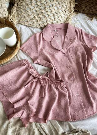 Нежный пудровый комплект рубашка и шорты, пудровая пижама, домашний костюм из штапеля, піжама рубашка і шорти1 фото