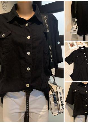 Натуральный лен стильная чёрная блузка рубашка кофточка