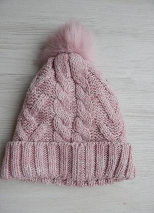 Вязаная зимняя шапка для девочки с отворотом и помпоном  primark3 фото