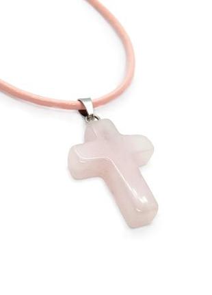 🌸💗 кулон "хрестик" на шкіряному рожевому шнурку натуральний камінь рожевий кварц