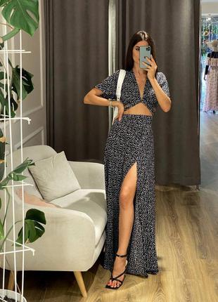 Костюм топ на завязках длинная юбка в горох люкс топ на зав’язках довга спідниця