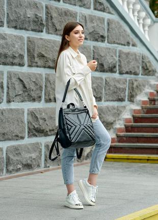Бежевый городской модный черный глянцевый стильный рюкзак для университета экокожа5 фото