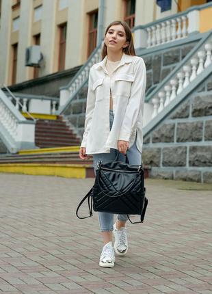 Бежевый городской модный черный глянцевый стильный рюкзак для университета экокожа7 фото