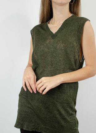 Spina брендовая льняная блуза цвета хаки с v вырезом, блузка, майка из льна