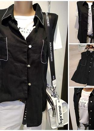 Натуральный лен чёрная стильная блузка рубашка кофточка