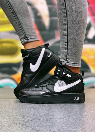 Женские высокие кожаные черные с белым кроссовки nike air force 1 mid🆕найк аир форс 1 мид🆕