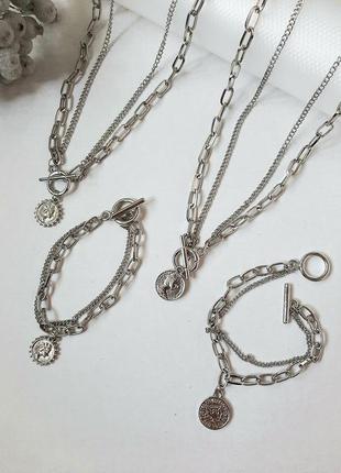Браслет цепочка двойная цепь набор комплект с монетой ожерелье подвеска серебристый серебряный тренд