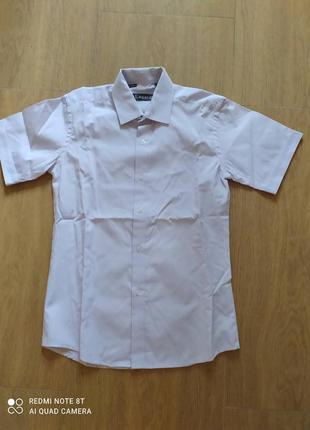 Рубашка - тенниска новая  из ткани белая в тонкую сиреневую полоску- на 10 лет рост 140 см