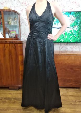 Вечірній атласне довге плаття з вишивкою і стразами, yves calin