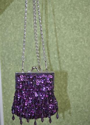 Шикарний фіолетовий гаманець в паєтки на ланцюжку