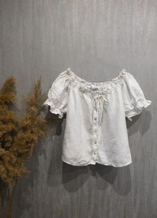 Белая льняная блуза топ на пуговицах с эластичными деталями от zara5 фото