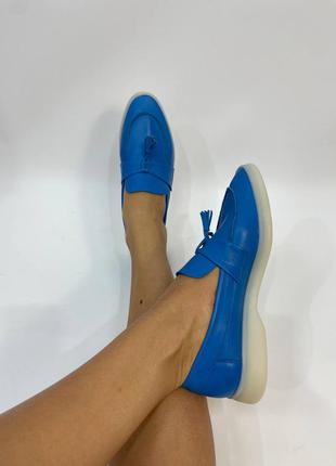 Ексклюзивні лофери туфлі натуральна італійська шкіра сині блакитні з пензликом4 фото