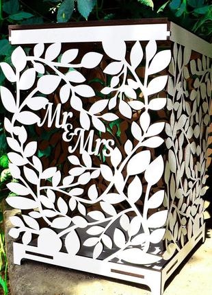 Весільний банк для грошів mr & mrs листя 26см дерев'яна яна коробка скарбниця скриня скарбничка на весілля3 фото