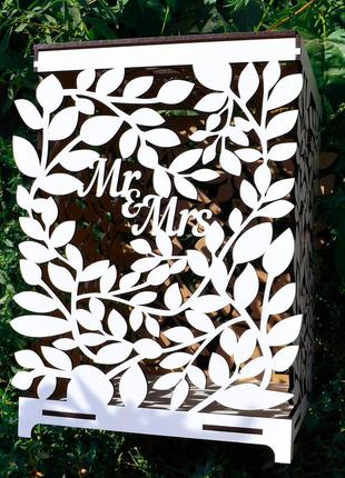 Весільний банк для грошей mr & mrs листя 26см дерев'яна коробка казна скриню скарбничка на весілля4 фото
