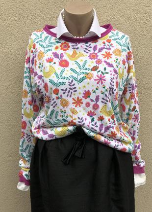 Белый джемпер в цветочный принт,кофта,свитер,хлопок,этно,премиум бренд,deerberg1 фото
