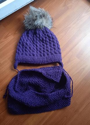 Шапка, шарф комплект з натуральним помпоном