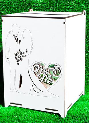 Свадебный банк для денег пара mr&mrs +акрил серебро 22см деревянная коробка сундук на свадьбу2 фото