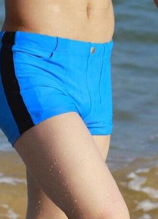 Стильные плотные голубые мужские плавки шорты "брасс" 16836 с карманами и полосками побокам