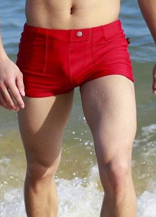 Круті щільні червоні чоловічі плавки шорти "брас" 16830 з кишенями і смужками з боків