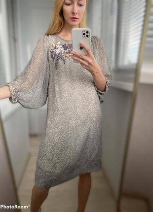 100% шёлк. лёгкое платье с большими рукавами и вышивкой