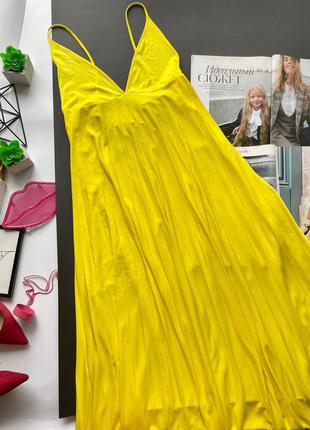 👗отпадное жёлтое длинное плиссированное платье zara/свободный лимонный сарафан в пол с декольте👗6 фото