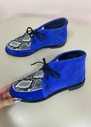 Эксклюзивные ботинки высокие лоферы натуральная итальянская замша и кожа синие электрик4 фото