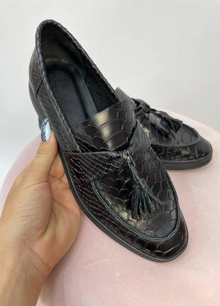 Эксклюзивные лоферы туфли натуральная итальянская кожа рептилия черные5 фото
