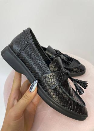 Эксклюзивные лоферы туфли натуральная итальянская кожа рептилия черные6 фото