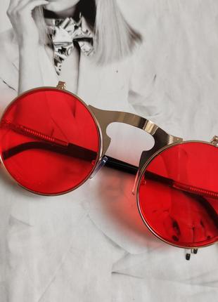 Очки круглые панк двойной флип красный в золоте