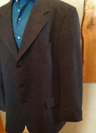 Шерстяной, немецкий, темно синий пиджак в клетку, р. 569 фото