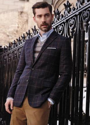 Шерстяной, немецкий, темно синий пиджак в клетку, р. 566 фото