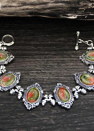 Набор с камнем унакита,серьги,кольцо,браслет