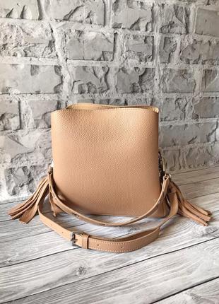 Сумка жіноча натуральна шкіра 💣 polina eiterou на довгому ремінці через плече кроссбоди з пензликом бежева пудра персик коротка ручка поліна