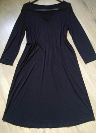 Свободное черное миди платье трапеция terranova с рукавами/вискоза2 фото