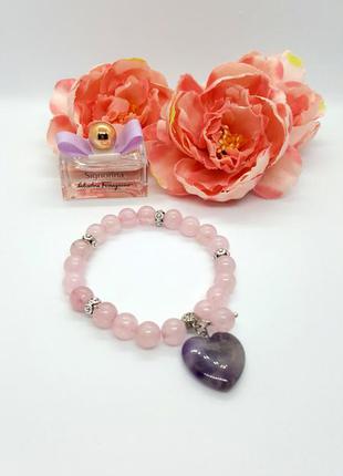 🌸💜 романтичный браслет резинка с подвеской "сердце" натуральные камни розовый кварц и аметист2 фото