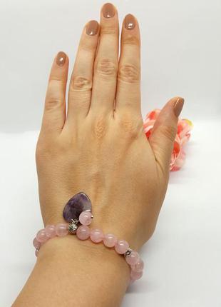 🌸💜 романтичный браслет резинка с подвеской "сердце" натуральные камни розовый кварц и аметист7 фото