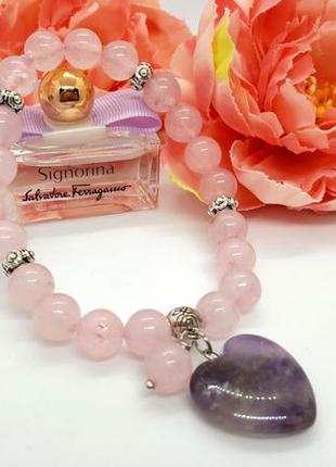🌸💜 романтичный браслет резинка с подвеской "сердце" натуральные камни розовый кварц и аметист5 фото