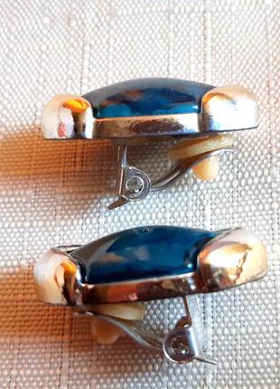 Женские серьги-  клипсы сине-бирюзовый цвет  в позолоте. американский винтаж.4 фото
