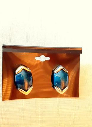 Женские серьги-  клипсы сине-бирюзовый цвет  в позолоте. американский винтаж.