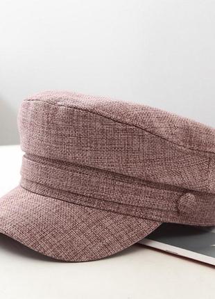 Женский льняной берет-кепка (кепи) с козырьком розовый