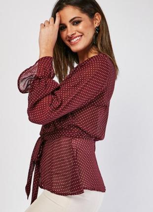 Блуза с объемными рукавами шифоновая бордовая блузка в горох