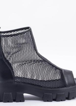 Чорні жіночі черевики чоботи літо,сандалі високі босоніжки ботильйони наскрізна перфорація сітка