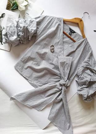 Котонова блуза/рубашка/сорочка в смужку на запах з об'ємними рукавами😍 new look, р. xs/s