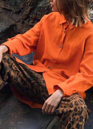Оранжевая рубашка оверсайз в стиле бохо из натурального льна2 фото