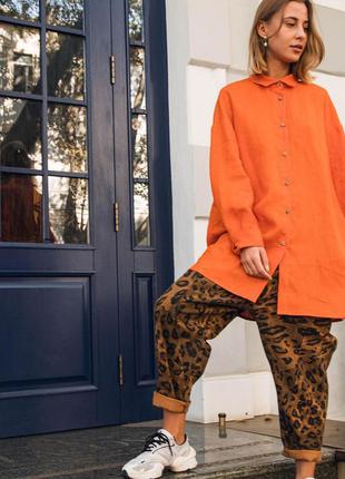 Оранжевая рубашка оверсайз в стиле бохо из натурального льна3 фото