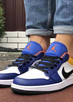 Мужские кожаные низкие кроссовки nike air jordan 1 low 🆕синие с желтым найк аир джордан🆕