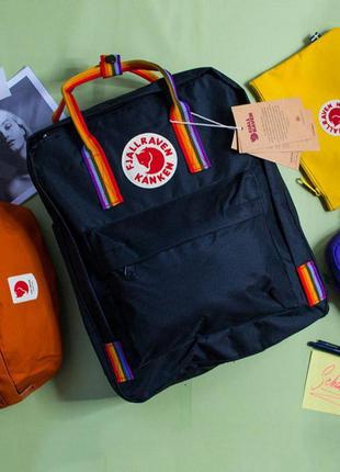 Рюкзак канкен чорний з райдужними ручками, fjallraven kanken 16 л, black rainbow, райдужні, кольорові, шкільний, шкільний1 фото